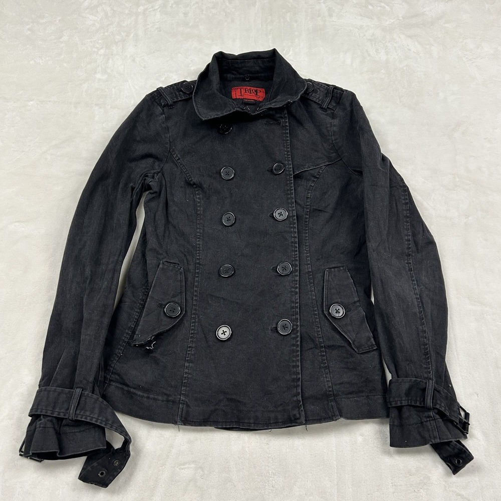 Tripp NYC Pea Coat Womens L Black Double Breasted Skull Collar Epaulets Jacket